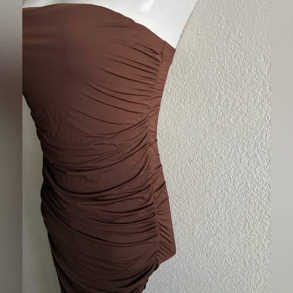 Zara Chocolate Strapless Ruched Stretch Jersey Dress L - Picture 2 of 11